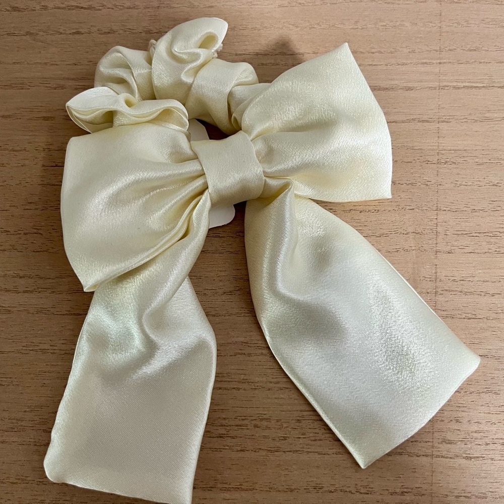 Cream Satin Hair Scrunchie with Oversized Bow